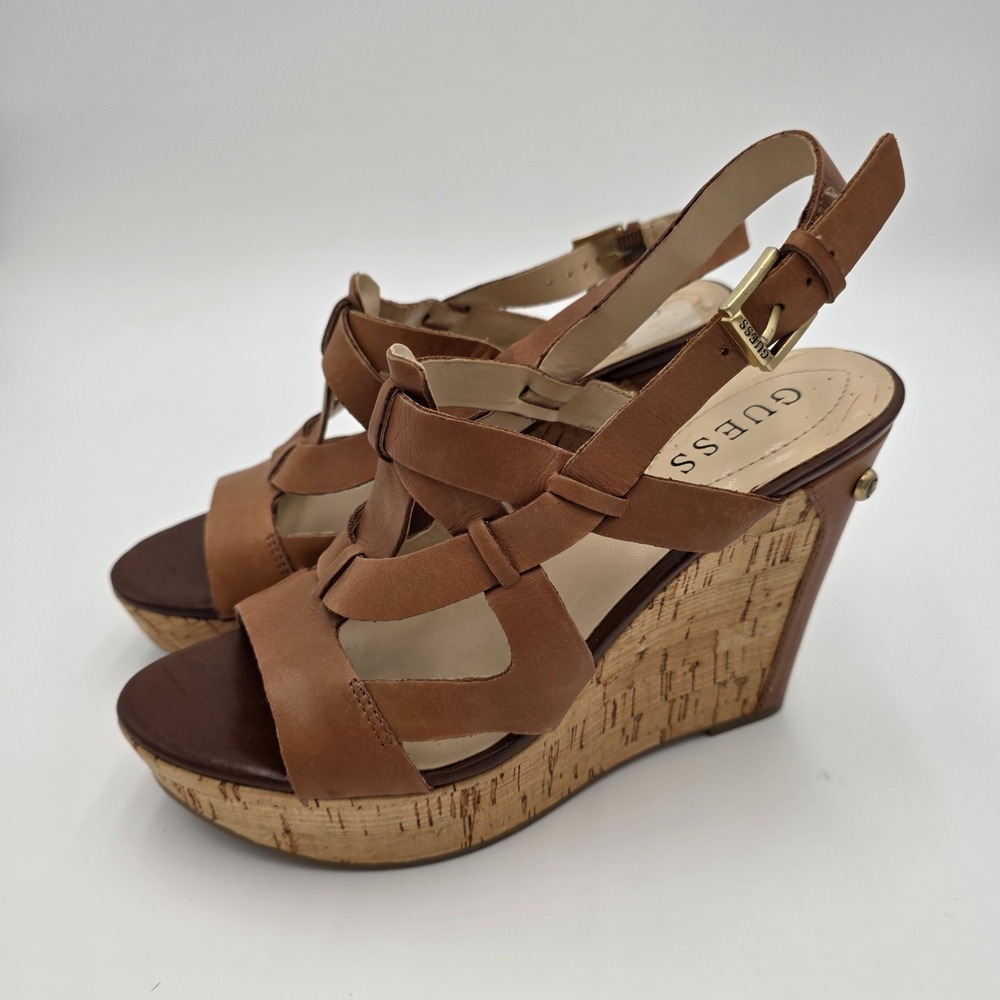 Guess Cork Wedge Heel Brown Cognac Women's 7 Open Toe Sandal Heel